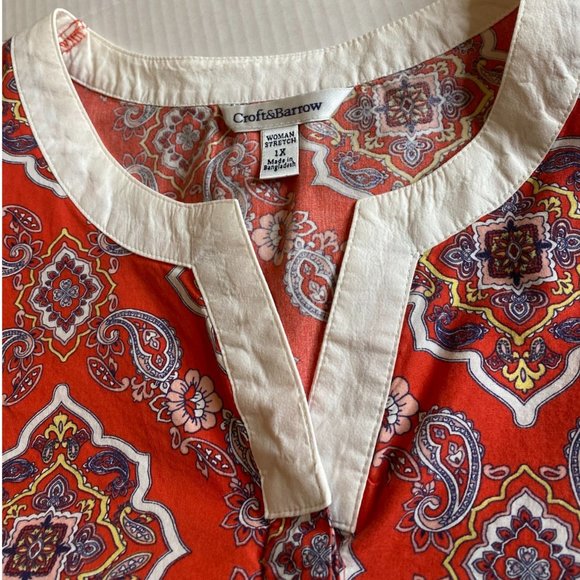 Croft & Barrow Womens Red Relaxed Cotton Top with a Banded Split Neck Size 1X - Picture 7 of 11